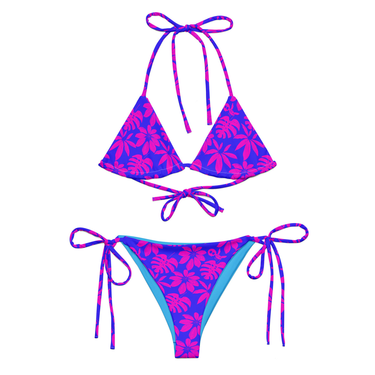Floral String Bikini, Blue/Signal Pink