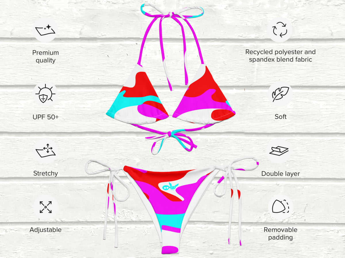 Camo-Splash String Bikini, White/Pink/Red/Aqua