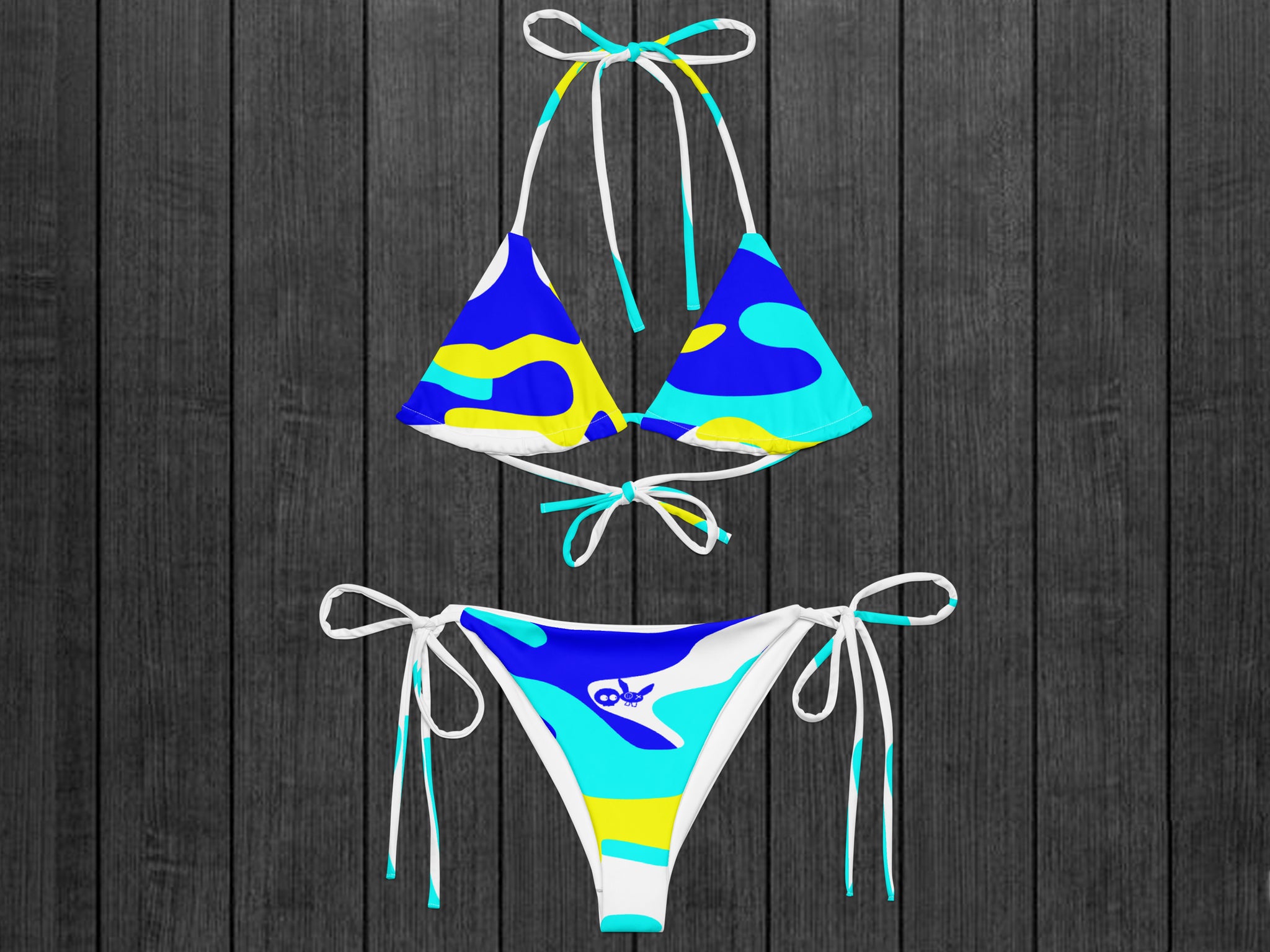 Camo-Splash String Bikini, White/Blue/Aqua/Yellow - morbid mates