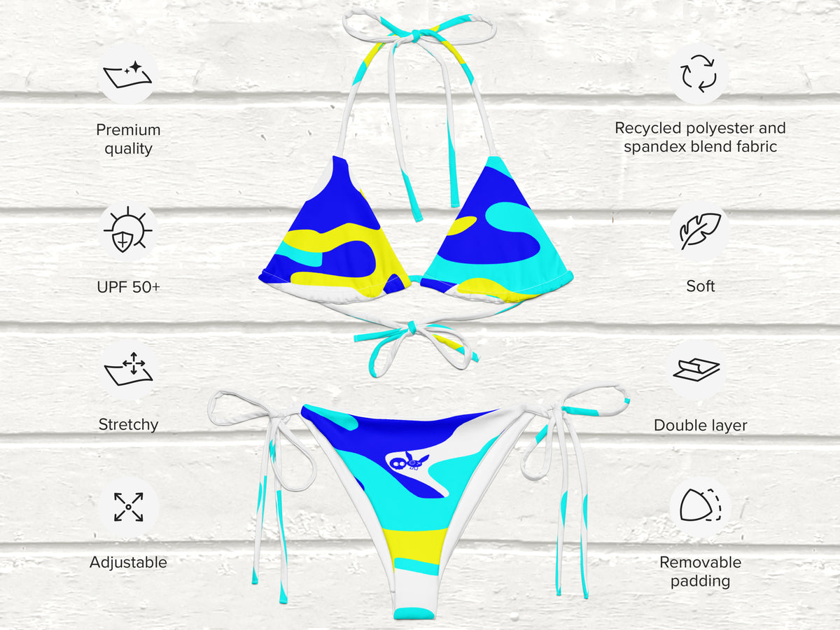 Camo-Splash String Bikini, White/Blue/Aqua/Yellow
