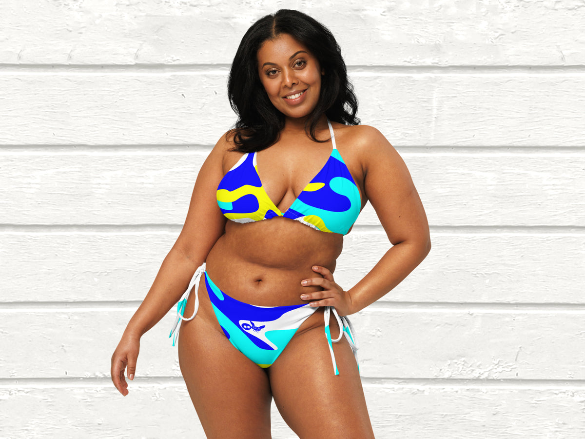 Camo-Splash String Bikini, White/Blue/Aqua/Yellow