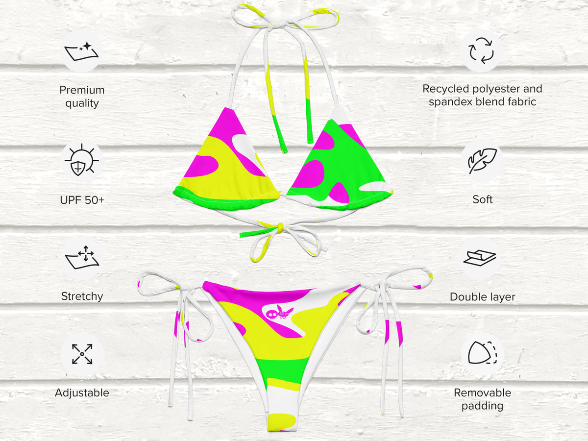 Camo-Splash String Bikini, White/Green/Pink/Yellow