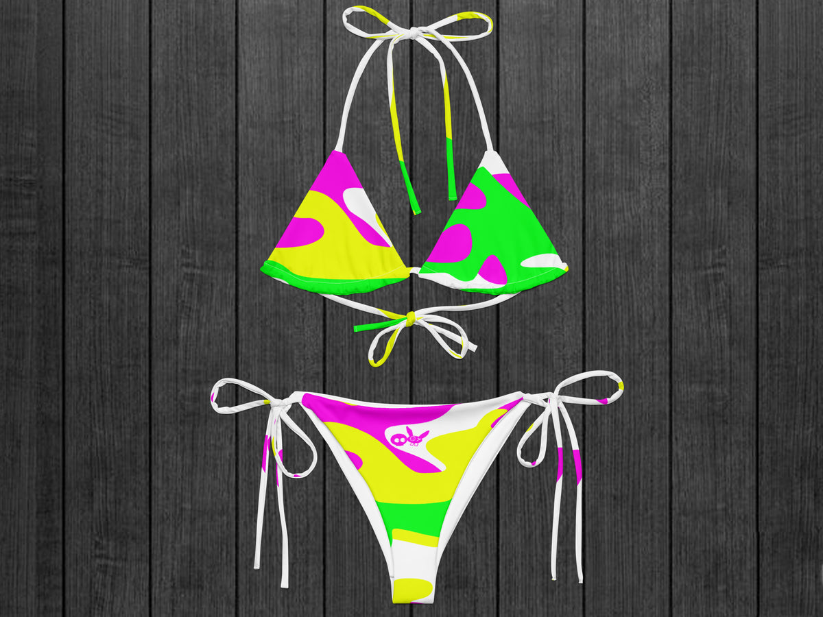 Camo-Splash String Bikini, White/Green/Pink/Yellow