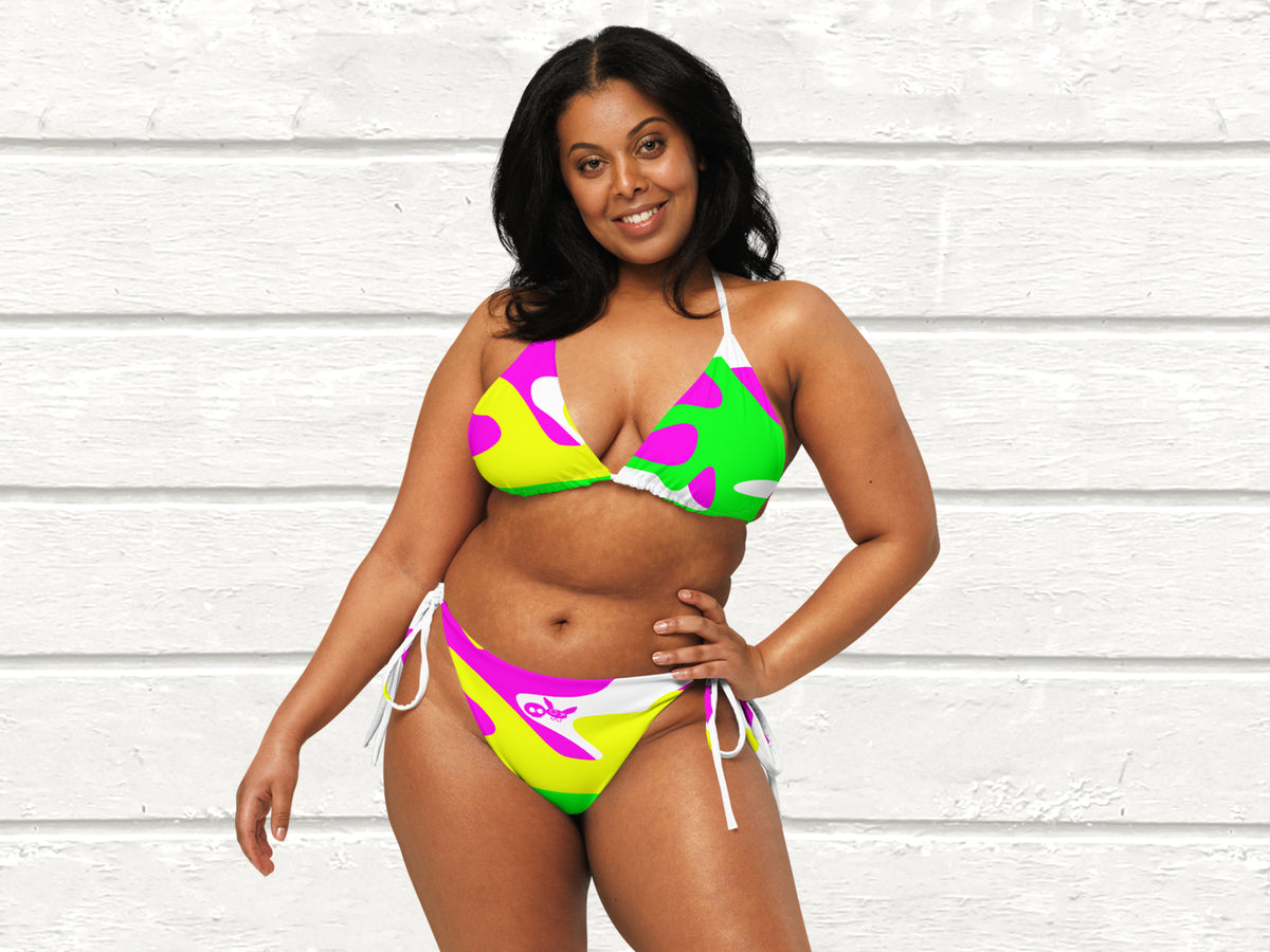 Camo-Splash String Bikini, White/Green/Pink/Yellow