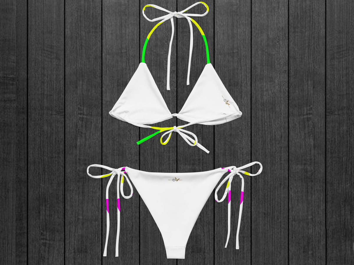 Camo-Splash String Bikini, White/Green/Pink/Yellow