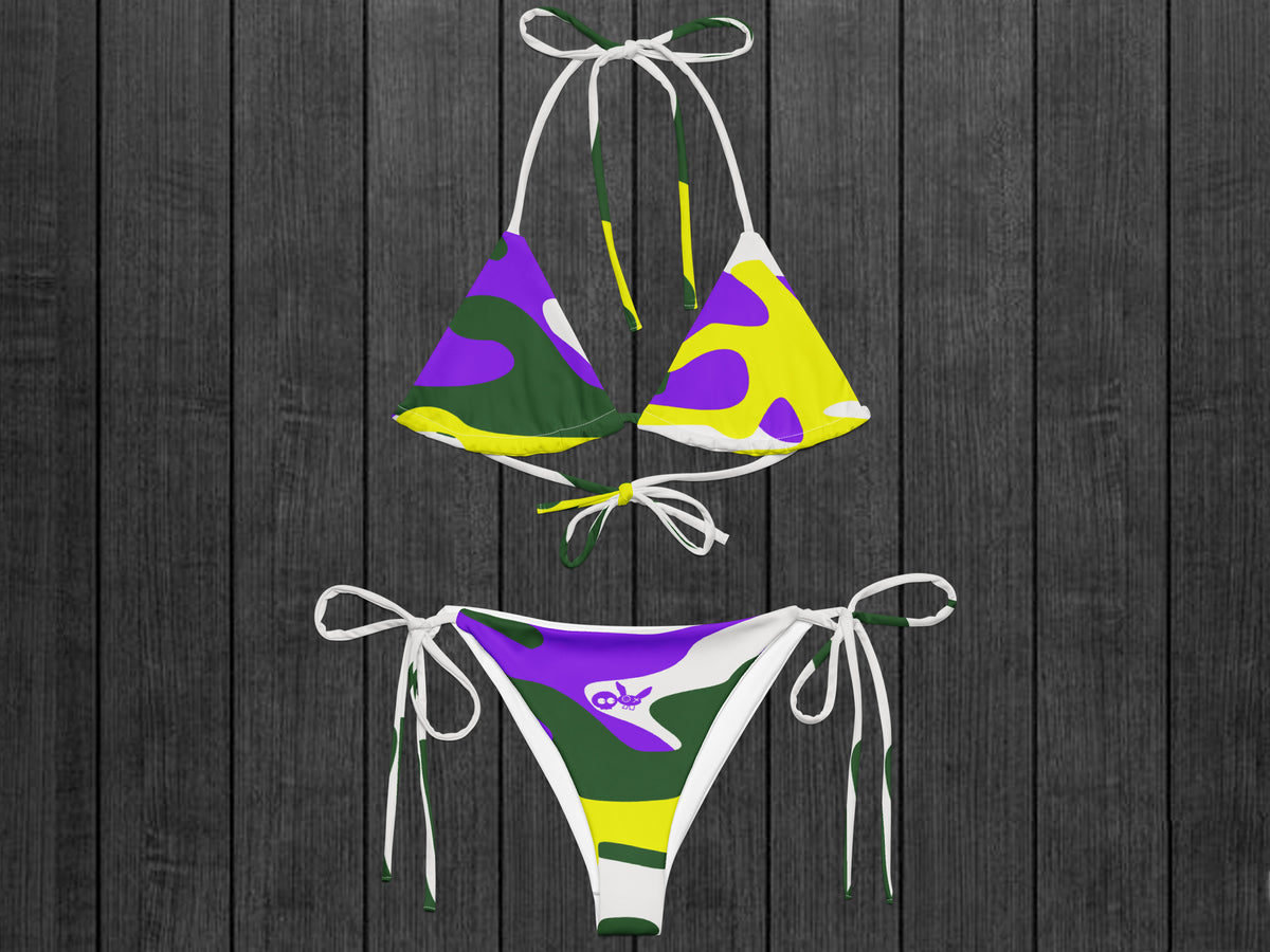 Camo-Splash String Bikini, White/Forest/Purple/Yellow