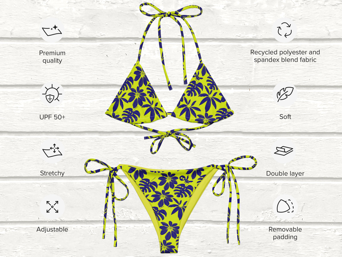 Floral String Bikini, Neon Yellow/Navy