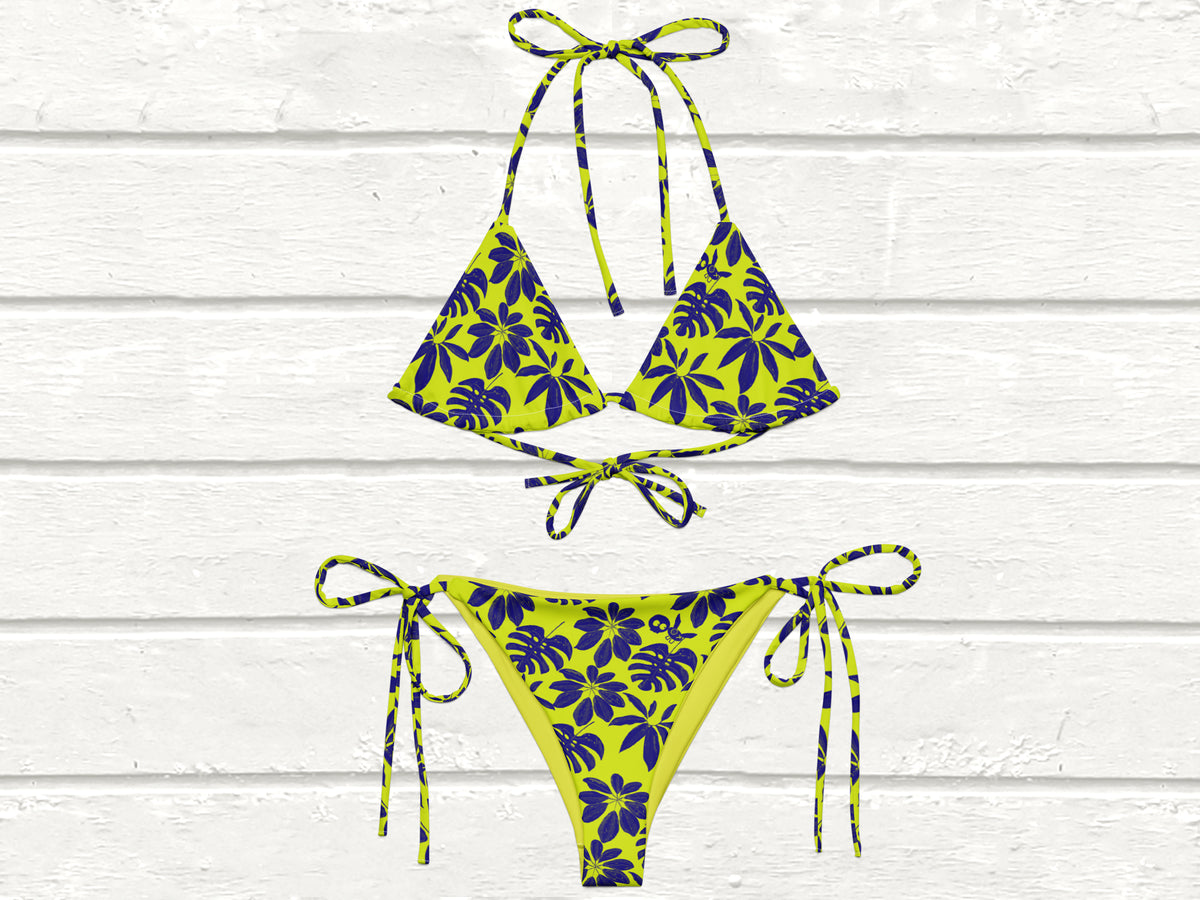 Floral String Bikini, Neon Yellow/Navy