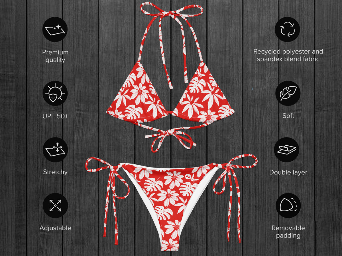 Floral String Bikini, Red/White